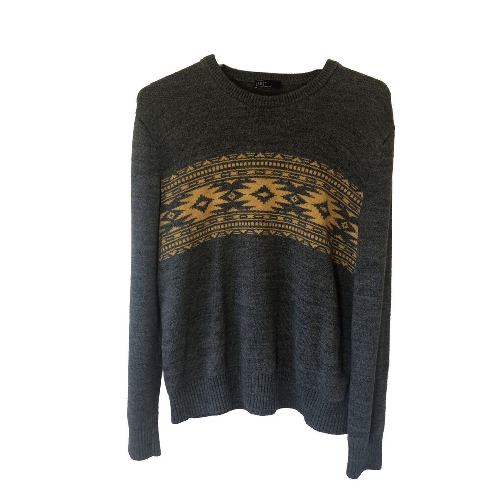 Gap Mens Sweater Sz XL Navajo Knit Gray Long Sleeves Yellow Aztec